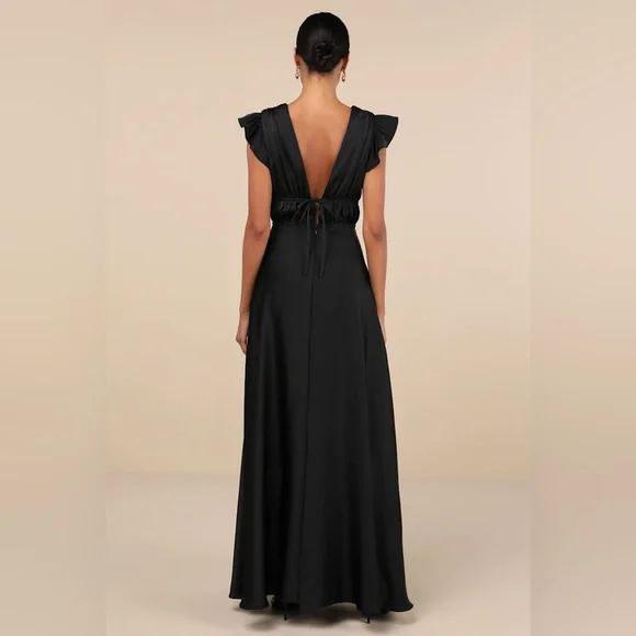 Lulus I'm All Yours Black Satin Cutout Ruffled Maxi Dress - Picture 4 of 8